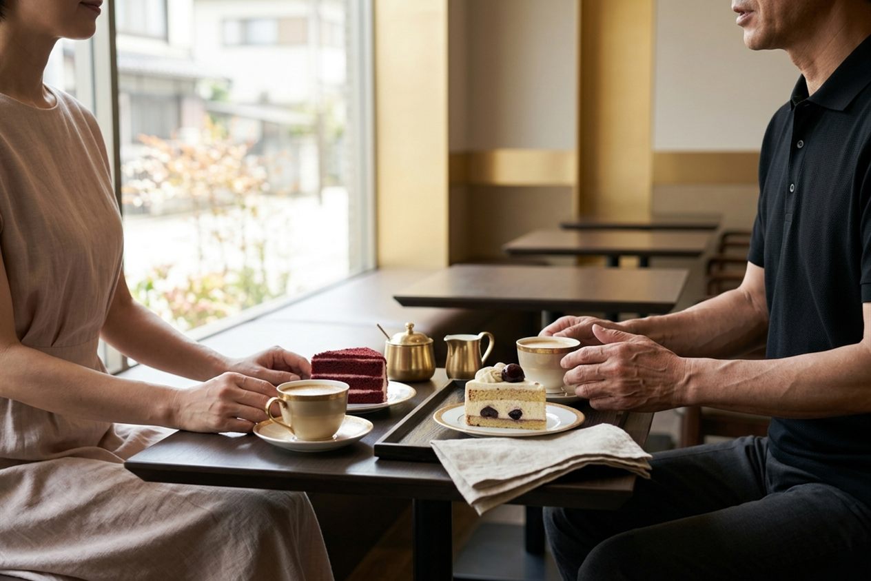 カフェで向かい合う二人の手元のイメージ