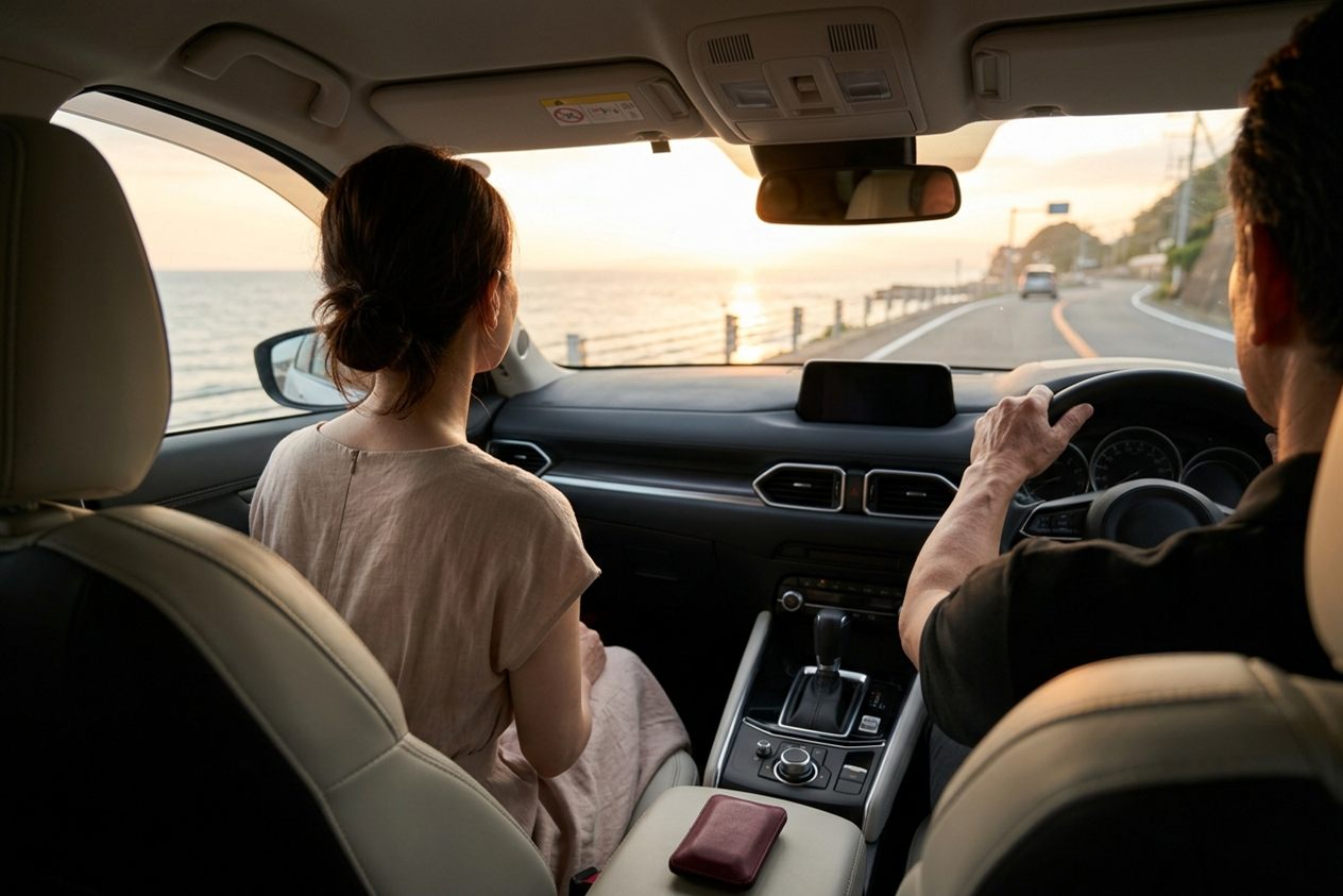 夕方の海沿いの道をドライブする車内のイメージ