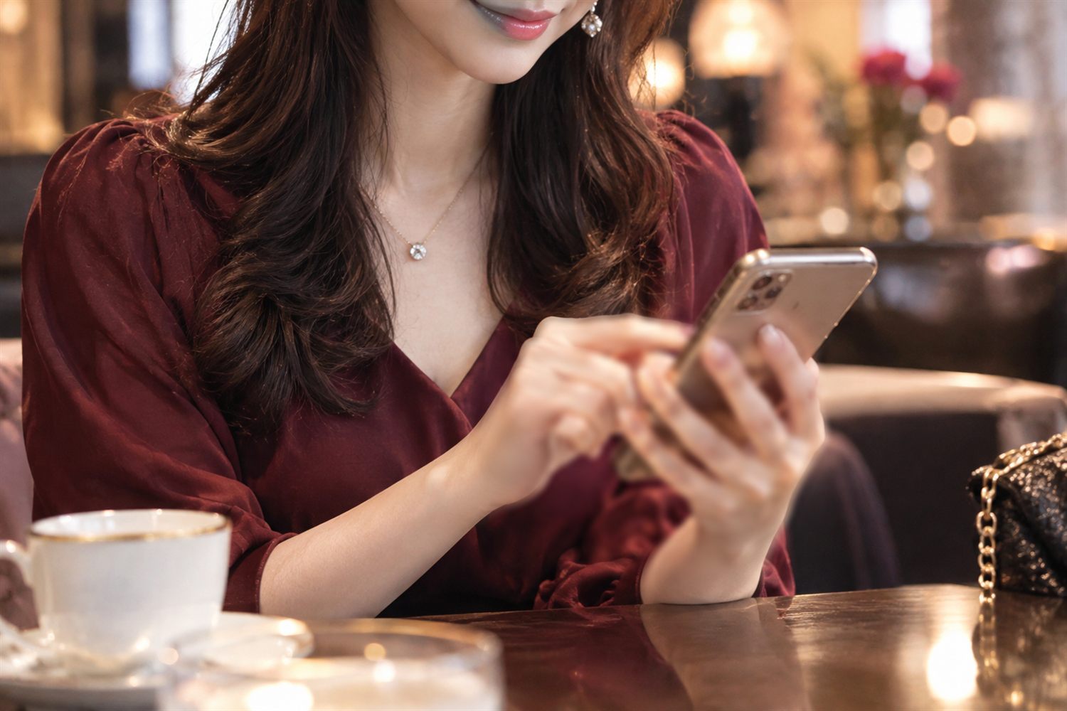カフェでスマートフォンから予約のメッセージを送る女性のイメージ