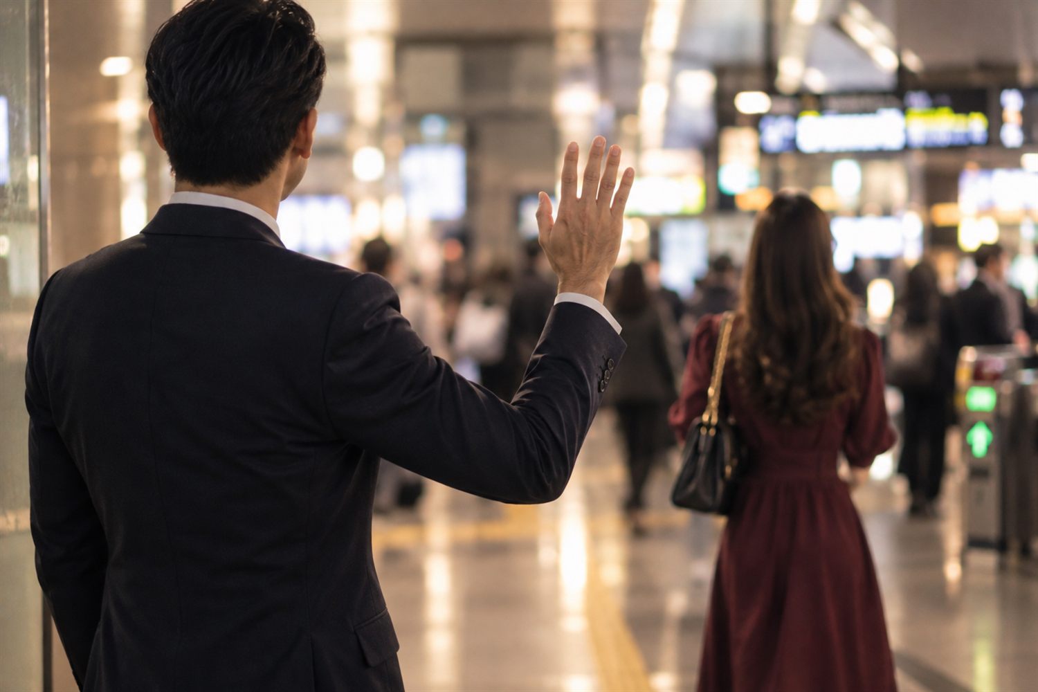 駅の改札の前で、手を振って見送る男性の後ろ姿のイメージ