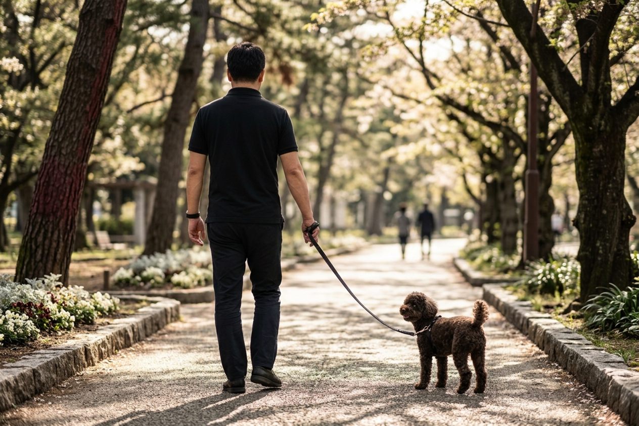 並木道で犬と散歩する男性の後ろ姿のイメージ